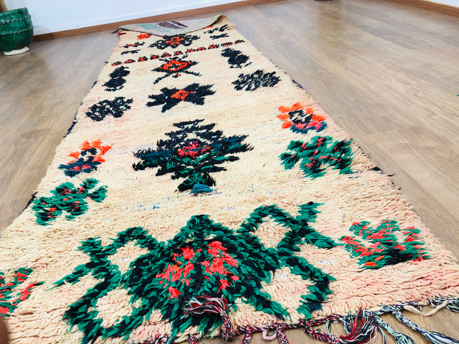 Vintage Moroccan Berber Boujaad wool Runner - 12.13 FT × 3.11 FT ( 370 Cm × 95 Cm ) Authentic handwoven Boujad Carpet, Free Shipping - MarrakeshLoom